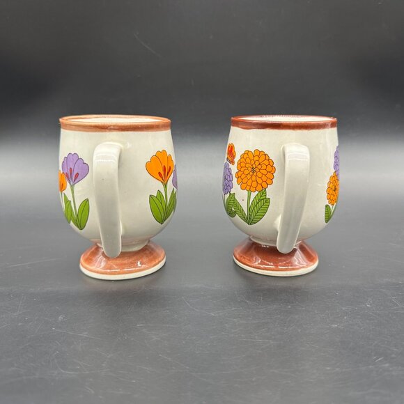 Vintage 1970s Floral Pedestal Mugs Set Of 2 Flower Power Ladybug Coffee Cups - Picture 5 of 10